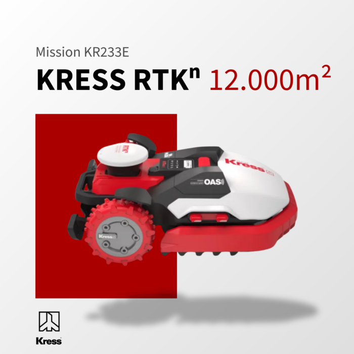 Kress Mission KR233E RTKn Mähroboter für Rasenflächen bis zu 12.000 m², modernes Rot-Weiß-Design, leistungsstark und präzise für große Gärten