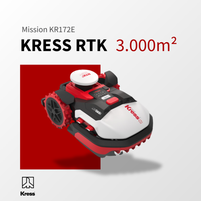 KRESS RTK Mission KR172E Mähroboter, ideal für Rasenflächen bis zu 3.000 m², modernes Design in Rot und Weiß