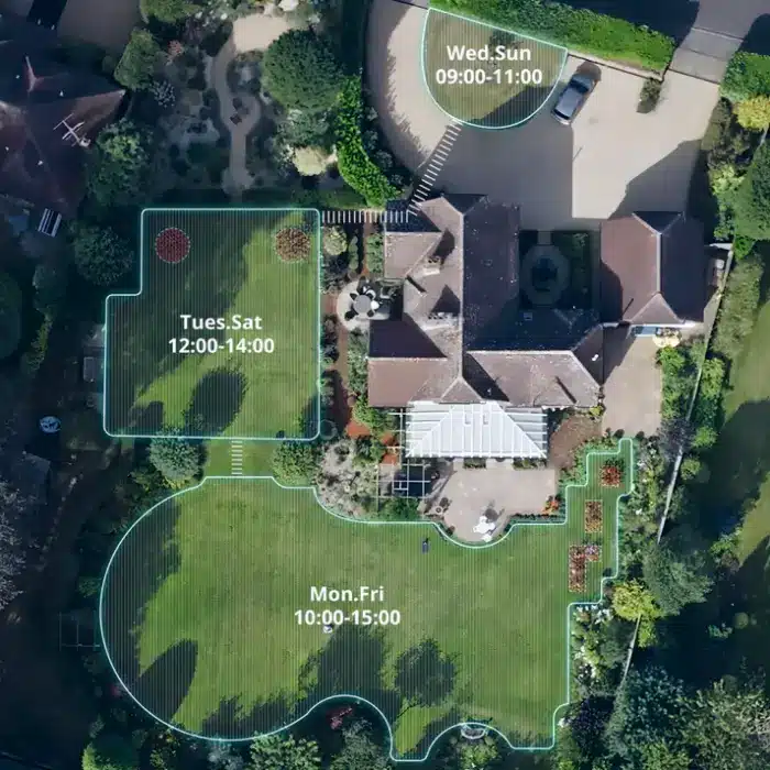 Detaillierte Mähzonenplanung für den Segway Navimow i108E, inklusive Zeitfenster für optimierte Rasenpflege in verschiedenen Gartenbereichen.