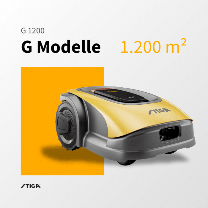 STIGA G 1200 Mähroboter, ideal für Rasenflächen bis zu 1.200 m², modernes Design in Gelb und Grau
