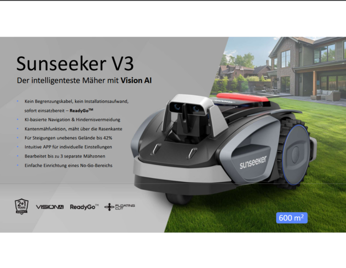 Sunseeker V3 Mähroboter – intelligentes Mähen mit Vision AI, ReadyGo™ und Floating Cut für bis zu 600 m²