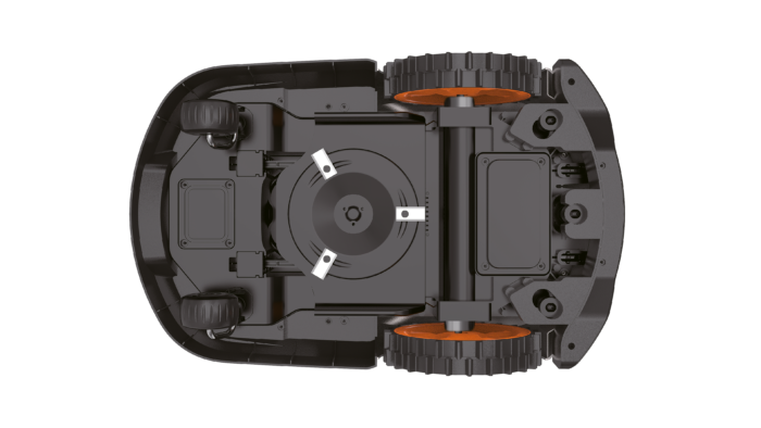 Sunseeker X3 RTK Mähroboter – Ansicht der Unterseite mit Schneidsystem und Rädern