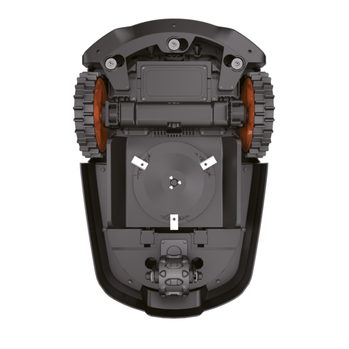 Unterseite des Sunseeker X5 Mähroboters mit Schneidsystem und Antriebsrädern