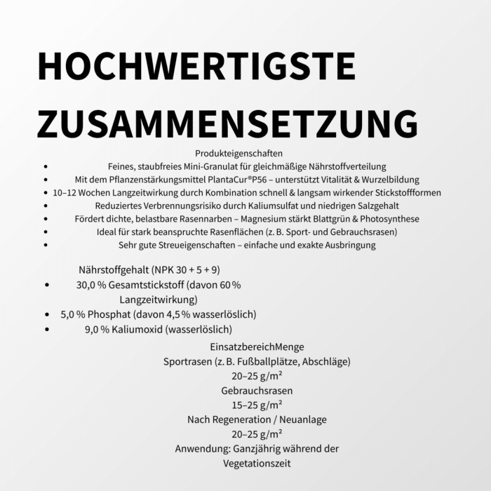 Informationstafel zur hochwertigen Zusammensetzung eines organisch-mineralischen Langzeit-Rasendüngers mit NPK 30+5+9 – ideal für Sport- und Gebrauchsrasen, fördert Vitalität, Wurzelbildung und dichte Grasnarbe.