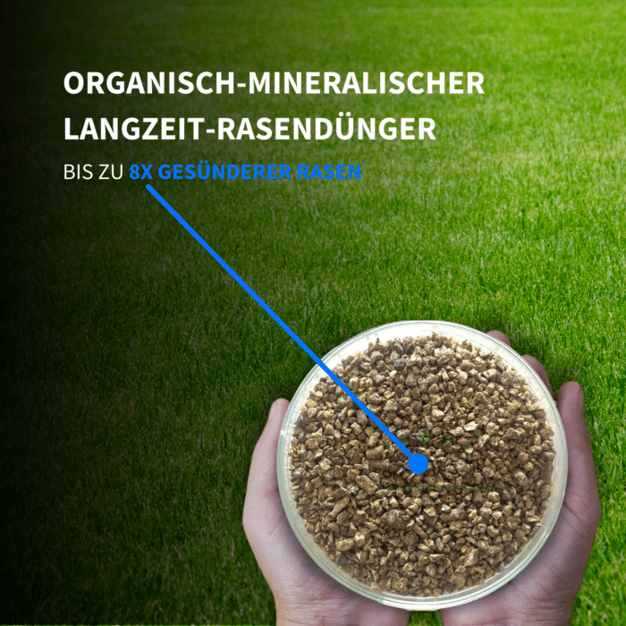 Organisch-mineralischer Langzeit-Rasendünger in Hand gehalten, verspricht bis zu 8x gesünderen Rasen – ideal für nachhaltige und gleichmäßige Nährstoffversorgung.