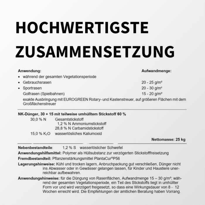Deklaration eines hochwertigen Langzeit-Rasendüngers mit detaillierter Nährstoffzusammensetzung und Anwendungsempfehlung für Gebrauchsrasen, Sportrasen und Golfplätze