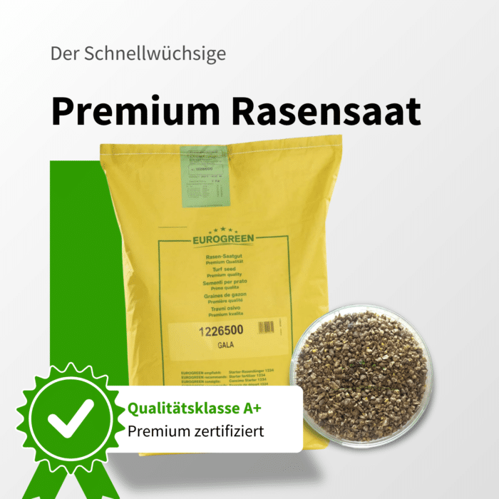 Eurogreen Premium Rasensaat Gala im gelben Sack mit Schale – schnellkeimendes Saatgut in A+ Qualität für perfekten Mähroboter-Rasen