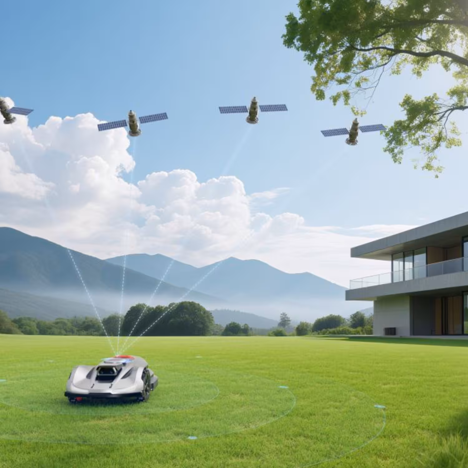 Sunseeker X7 Plus Gen2 – RTK-Navigation im Garten Sunseeker X7 Plus Gen2 Mähroboter auf großer Rasenfläche mit RTK-Satelliten-Navigation und moderner Hauskulisse im Hintergrund