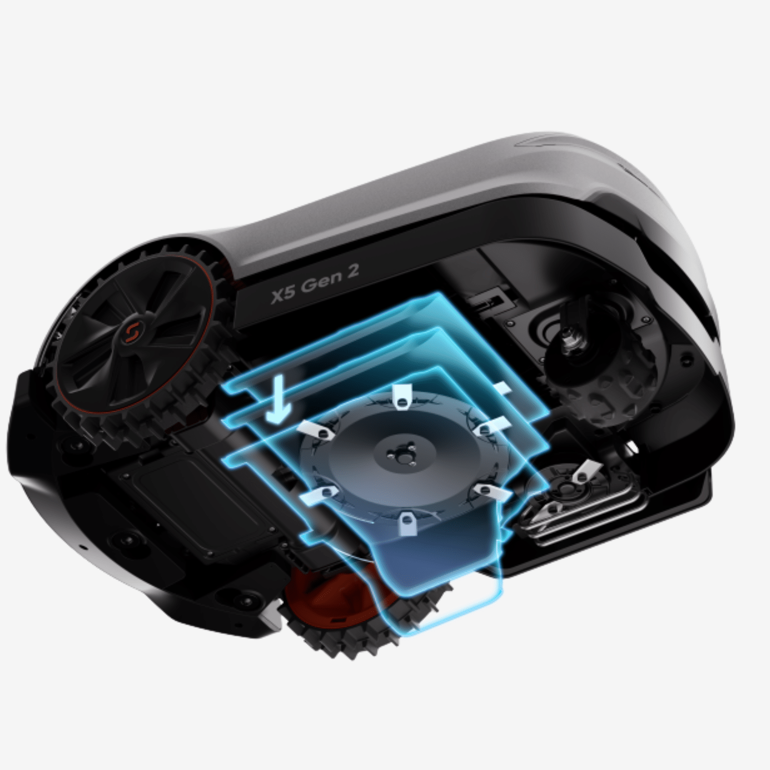 Sunseeker X5 Gen2 Mähroboter – Unterseite mit schwimmendem Mähdeck Sunseeker X5 Gen2 Mähroboter Unterseite mit schwimmendem Mähdeck und präzisem Schneidsystem
