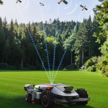Sunseeker X9 Plus RTK Mähroboter nutzt satellitengestützte RTK-Navigation auf großer Rasenfläche