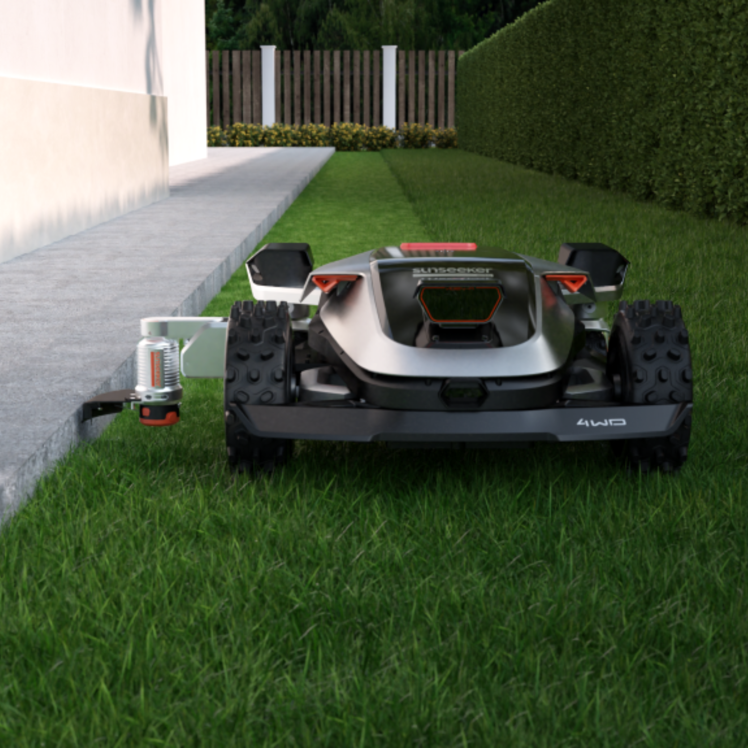 Sunseeker X9 Plus RTK – Präzises Randmähen an Mauern und Hecken Sunseeker X9 Plus RTK Mähroboter mäht präzise entlang von Hauswand und Hecke dank RTK-Navigation