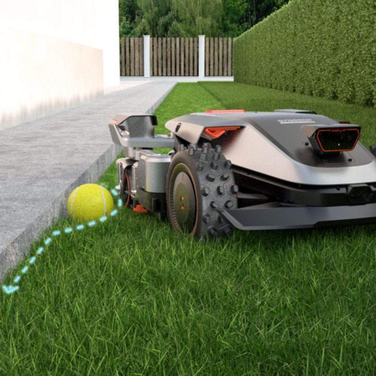 Sunseeker X9 Plus RTK – Randnahes Mähen entlang von Mauern und Kanten Sunseeker X9 Plus RTK Mähroboter mäht präzise entlang einer Mauer und um Hindernisse dank RTK-Navigation