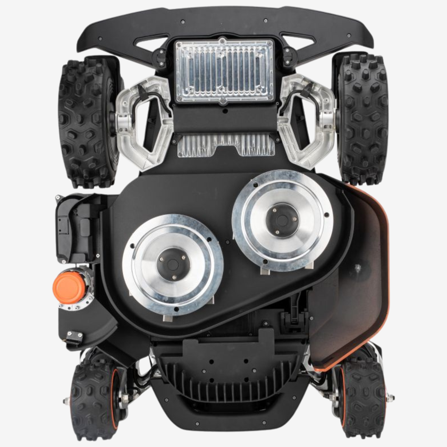 Sunseeker X9 Plus RTK – Unterseite mit Doppelmähwerk und Allradantrieb Unterseite des Sunseeker X9 Plus RTK Mähroboters mit zwei Mähscheiben, Allradantrieb und robuster Konstruktion