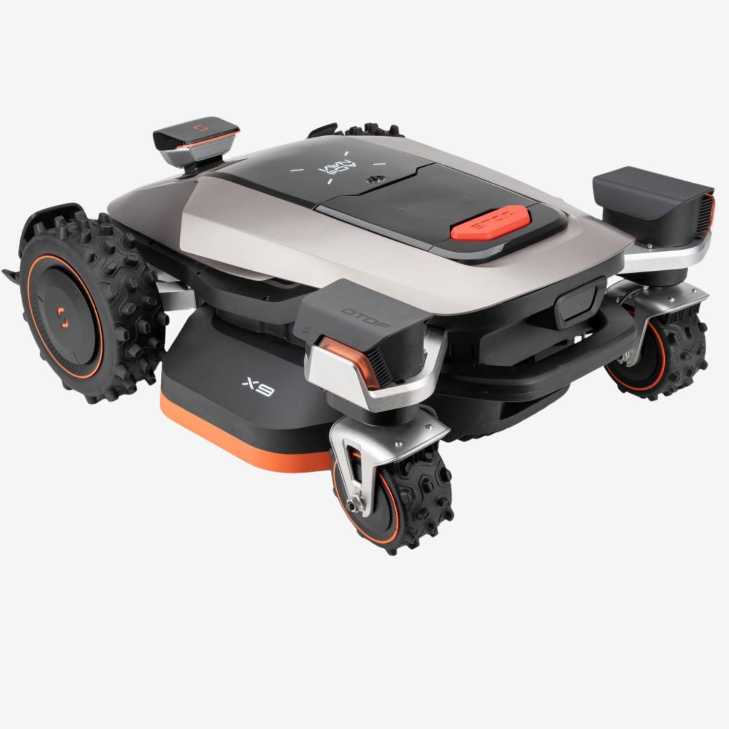 Sunseeker X9 Plus RTK – Allrad-Mähroboter mit RTK-Navigation Sunseeker X9 Plus RTK Mähroboter mit Allradantrieb, RTK-Modul und seitlichem Schneidarm in Studioansicht