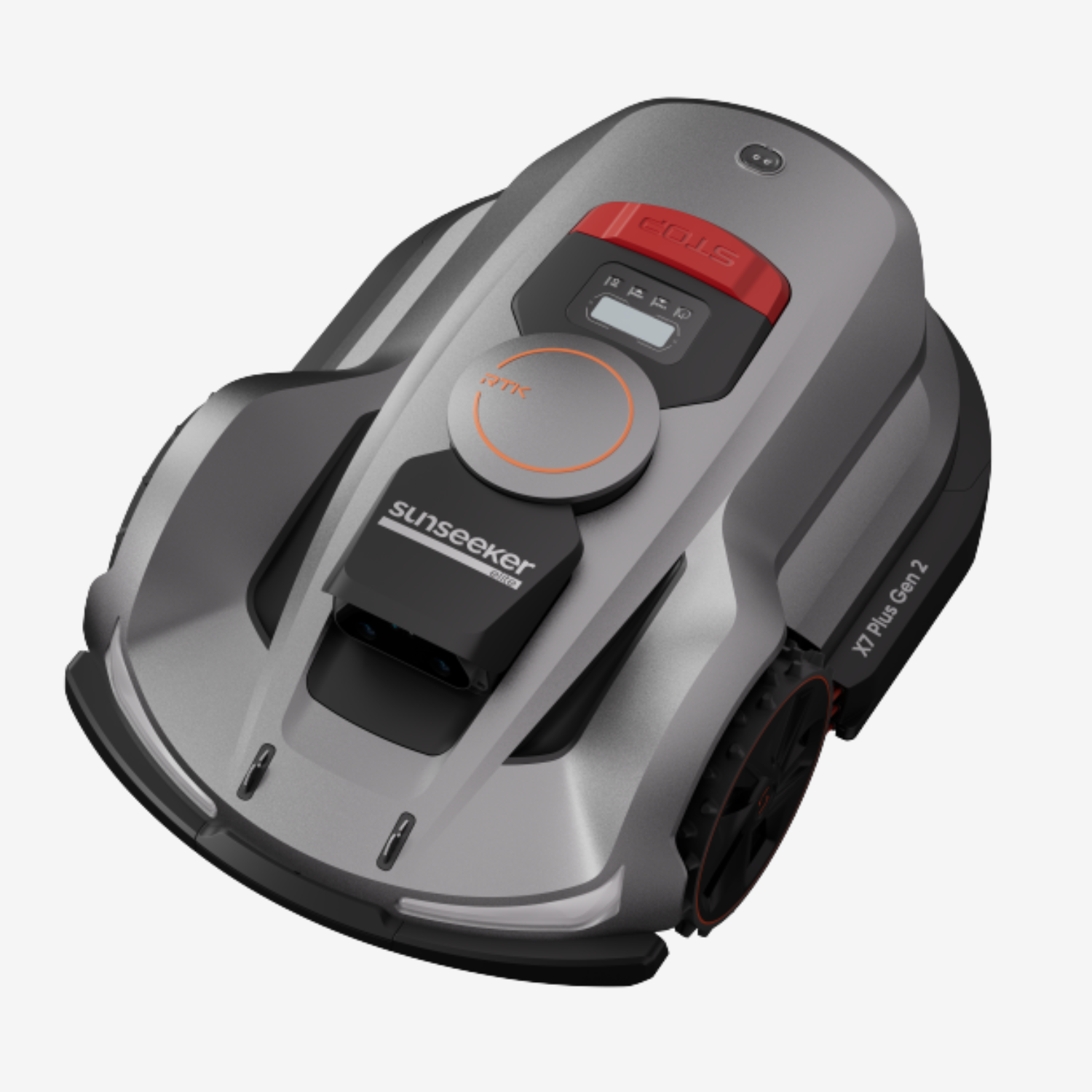 Sunseeker X7 Plus Gen2 – Schrägansicht von oben Schrägansicht des Sunseeker X7 Plus Gen2 Mähroboters von oben mit RTK-Modul, Bedienfeld und STOP-Taste