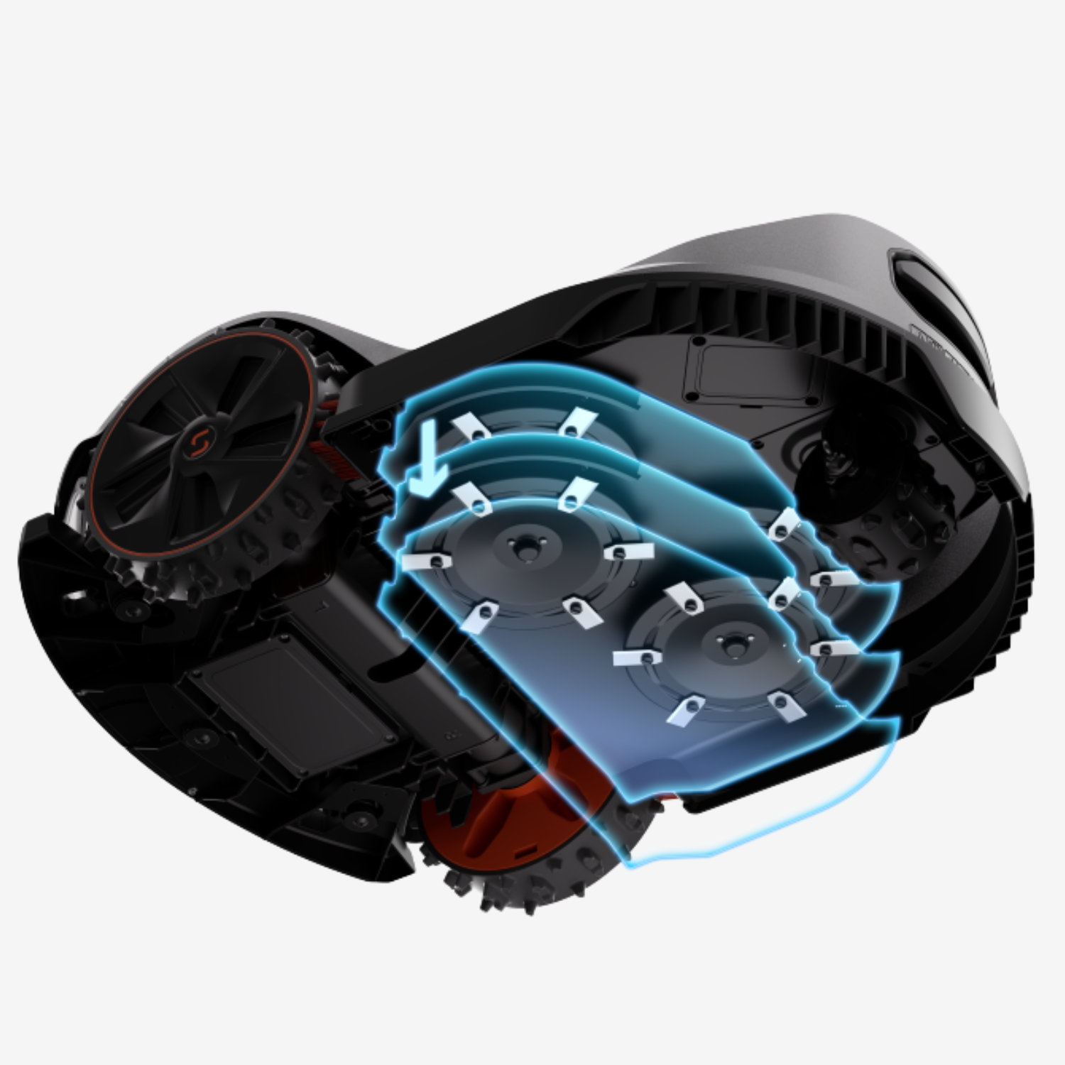 Sunseeker X7 Plus Gen2 – Unterseite mit Mähwerk Unteransicht des Sunseeker X7 Plus Gen2 Mähroboters mit drei rotierenden Mähscheiben und schwimmendem Schneidsystem