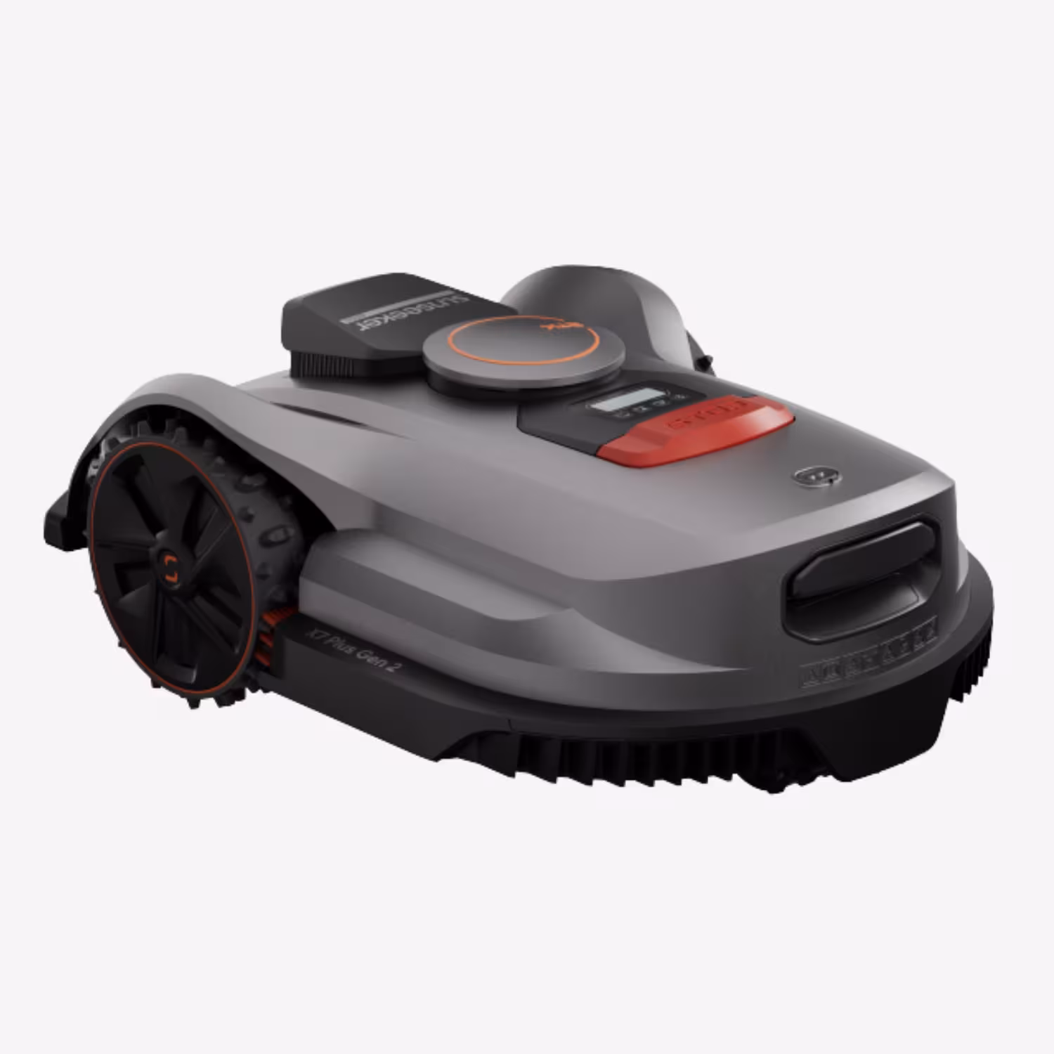Sunseeker X7 Plus Gen2 – Rückansicht Rückansicht des Sunseeker X7 Plus Gen2 Mähroboters mit Antriebsrad, Gehäuse und Bedienelementen