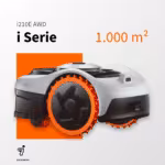 Segway Navimow i210E AWD der i Serie – Mähroboter für 1.000 m² Rasenfläche, Frontansicht mit orangefarbenem Antriebsrad, EFLS-Sensor und Segway-Logo
