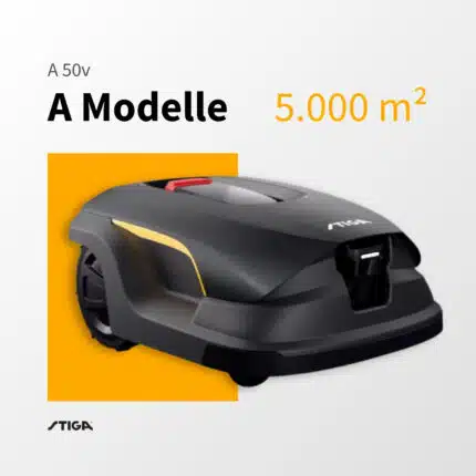 STIGA A 50v Mähroboter in Anthrazit-Schwarz mit orangem Akzent – Produktbild der STIGA A Modell-Serie für Flächen bis 5.000m²