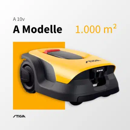 STIGA A 10v Mähroboter für Rasenflächen bis 1.000 m² mit KI-Kamera und 45% Steigung – gelb-schwarzes Design