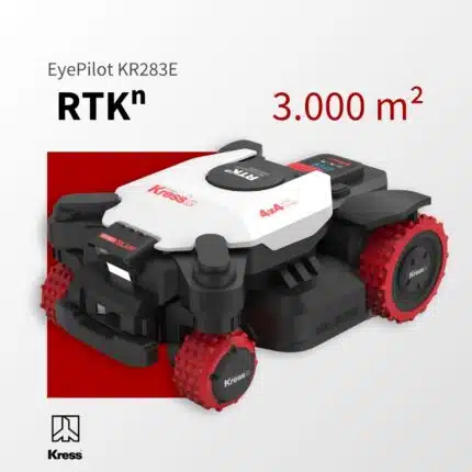 Kress EyePilot 4x4 KR283E Mähroboter mit RTKn, vier roten Geländerädern und Stereo-vSLAM – bewältigt 84% Steigung, ZeroTrim, integriertes 4G, für Rasenflächen bis 3.000 m²