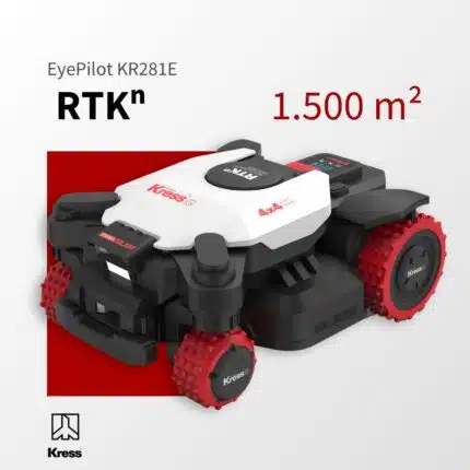 Kress EyePilot 4x4 KR281E Mähroboter mit RTKn, vier roten Geländerädern und Stereo-vSLAM – bewältigt 84% Steigung, ZeroTrim, integriertes 4G, für Rasenflächen bis 1.500 m²