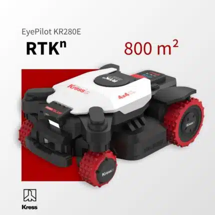 Kress EyePilot 4x4 KR280E Mähroboter mit RTKn, vier roten Geländerädern und Stereo-vSLAM – bewältigt 84% Steigung, ZeroTrim, integriertes 4G, für Rasenflächen bis 800 m²