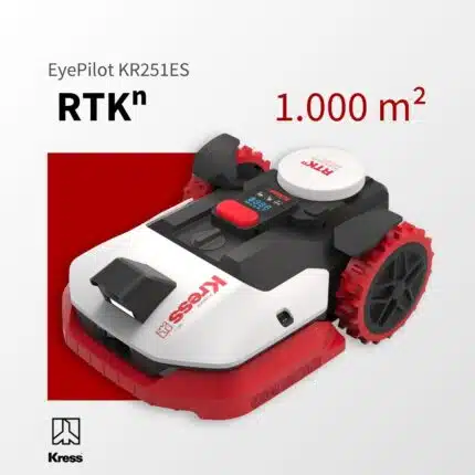 Kress EyePilot RTKn KR251ES Mähroboter schräg von vorne auf rotem Hintergrund mit RTKn, roten Geländerädern und integriertem 4G – App-Steuerung für Rasenflächen bis 1.000 m²