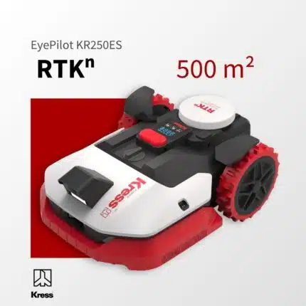 Kress EyePilot RTKn KR250ES Mähroboter schräg von vorne auf rotem Hintergrund mit RTKn, roten Geländerädern und integriertem 4G – Einstiegsmodell mit App-Steuerung für Rasenflächen bis 500 m²