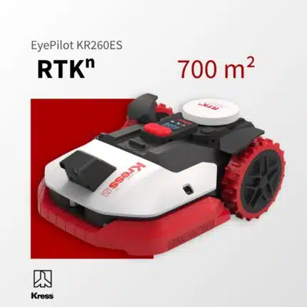 Kress EyePilot RTKn KR260ES Mähroboter von vorne auf rotem Hintergrund mit RTKn, roten Geländerädern, ZeroTrim und integriertem 4G – App-Steuerung für Rasenflächen bis 700 m²