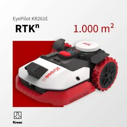 Kress EyePilot RTKn KR261E Mähroboter von vorne auf rotem Hintergrund mit RTKn, roten Geländerädern und ZeroTrim – ohne integriertes 4G, für Rasenflächen bis 1.000 m²