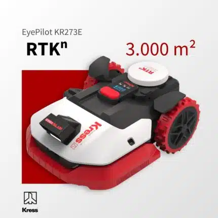 Kress EyePilot RTKn KR273E Mähroboter schräg von oben auf rotem Hintergrund mit gut sichtbarem Stereo-vSLAM-Sensor, RTKn und roten Geländerädern – ZeroTrim, 4G, bis 3.000 m²