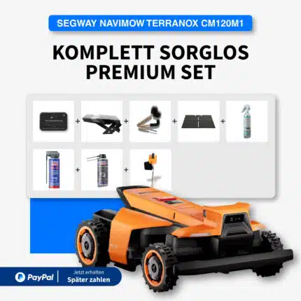 Segway Navimow Terranox CM120M1 Komplett Sorglos Premium Set mit Mähroboter, Ladestation, Reinigungsbürste, Garagenmatte, Pflegespray und Wartungszubehör – kabellos für bis zu 12000 m²