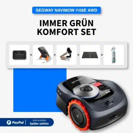 Segway Navimow i108E AWD Immer Grün Komfort Set – Mähroboter mit SIM-Karte, Garagendach, Reinigungsset, Bodenmatte und Pflegespray für 800 m²