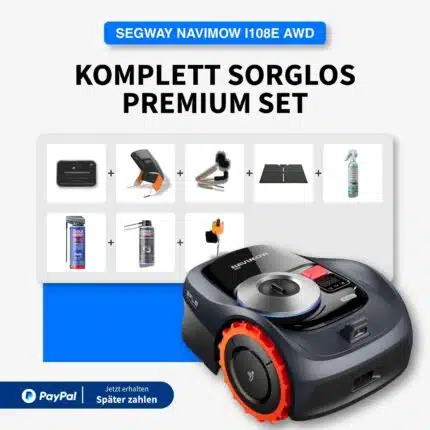 Segway Navimow i108E AWD Komplett Sorglos Premium Set – Mähroboter mit Garagendach, Reinigungsset, Klingen und Pflegezubehör für 800 m²