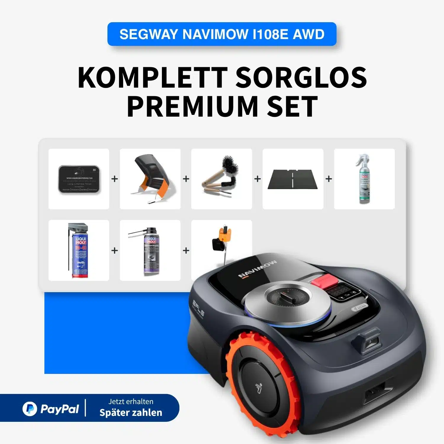 Segway Navimow i108E AWD Komplett Sorglos Premium Set – Mähroboter kaufen bei maehroboterwelt.de Segway Navimow i108E AWD Komplett Sorglos Premium Set – Mähroboter mit Garagendach, Reinigungsset, Klingen und Pflegezubehör für 800 m²
