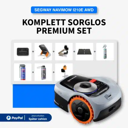 Segway Navimow i210E AWD Komplett Sorglos Premium Set mit Mähroboter, Ladestation, Reinigungsbürste, Garagenmatte, Pflegespray und Wartungszubehör – kabellos für bis zu 1000 m²