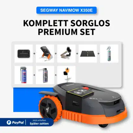 Segway Navimow X350E Komplett Sorglos Premium Set – Mähroboter mit SIM-Karte, Garagendach, Reinigungsset, Bodenmatte und Pflegezubehör für 5000 m²