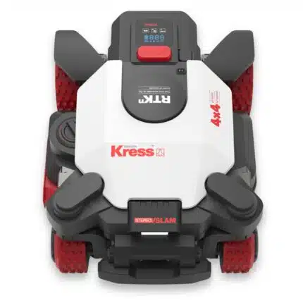 Kress EyePilot 4x4 KR281E Mähroboter von oben mit RTKn Satellitennavigation, 4x4 Allradantrieb und Stereo VSLAM Kamera für präzise Hinderniserkennung auf weißem Hintergrund