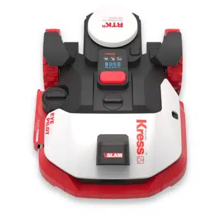 Kress EyePilot RTKn KR261ES Mähroboter direkt von oben mit RTKn-Antenne, vSLAM-Sensor, EyePilot- und ZeroTrim-Beschriftung – integriertes 4G, Rasenflächen bis 1.000 m²