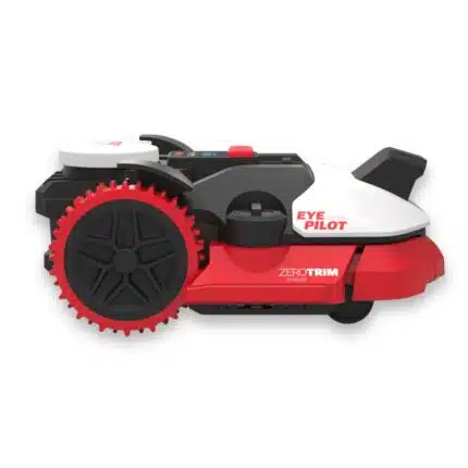Kress EyePilot RTK2 KR261E Mähroboter in der Seitenansicht mit großem roten Antriebsrad, EyePilot-Kamera und ZeroTrim-Beschriftung – randgenaues Mähen bis 1.000 m²