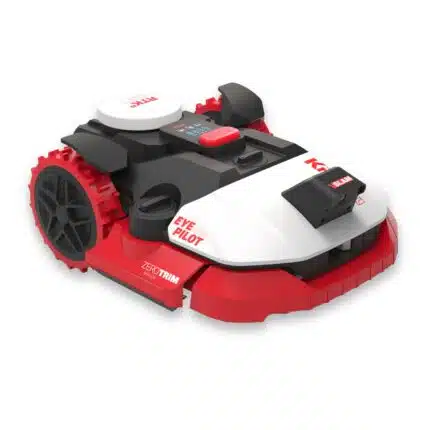 Kress EyePilot RTKn KR260E Mähroboter Frontansicht mit RTKn Satellitennavigation, EyePilot Kamera, ZeroTrim-Kantenschneider und SLAM-Sensor auf weißem Hintergrund