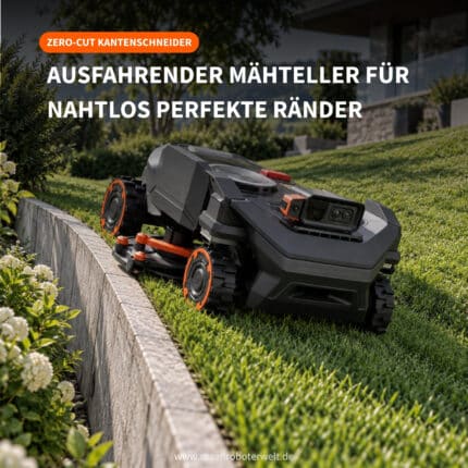 Navimow H5 Pro mit ausgefahrenem Zero-Cut Kantenschneider: Der Mähteller fährt seitlich bis an die Mauerkante