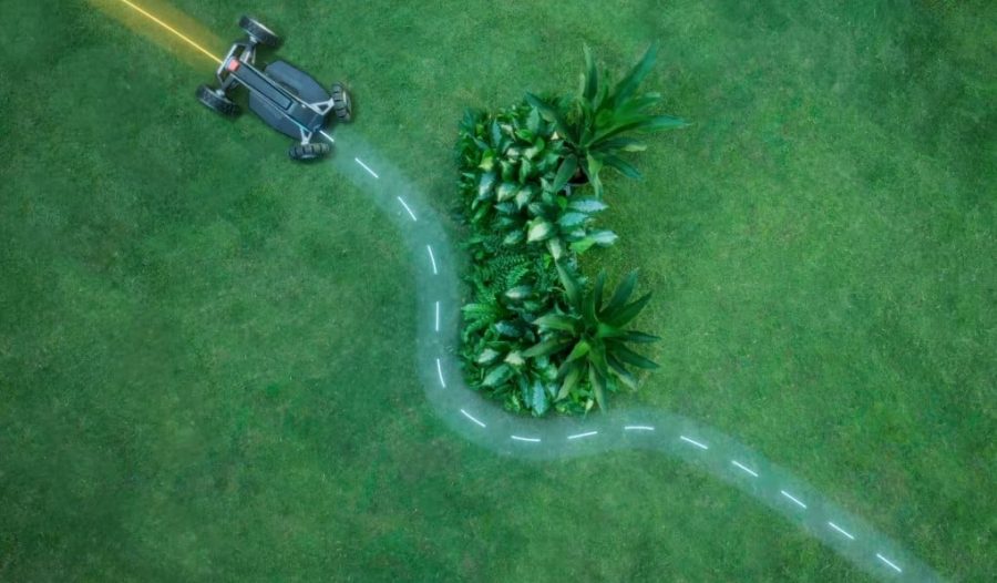 EcoFlow Mähroboter umfährt Hindernisse präzise dank intelligenter Navigation – ideal für komplexe Gärten mit Bäumen und Beeten